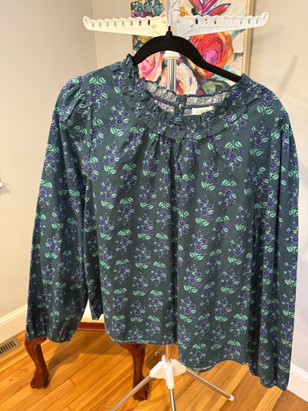 J. Crew Blue and Green Floral Blouse